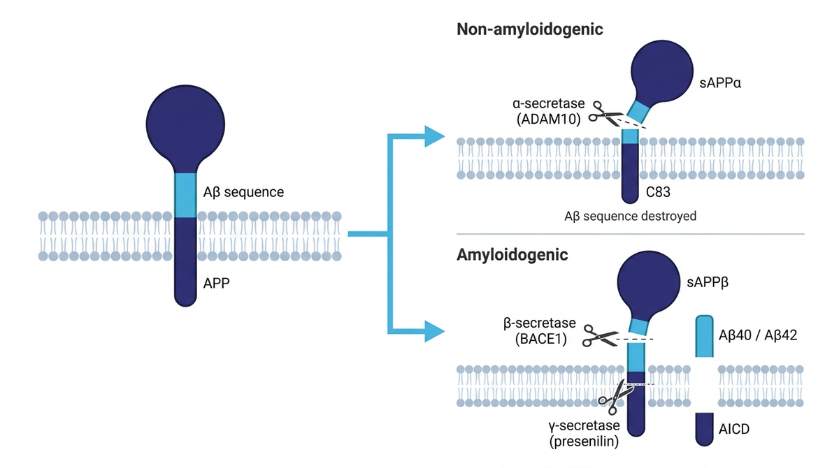 APP processing: alpha-secretase cuts inside the amyloid-beta sequence; beta- and gamma-secretase release it intact.
