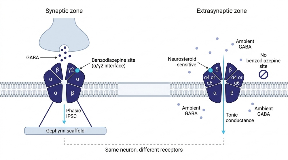 Two GABA-A populations on one neuron: a synaptic gamma2 receptor and an extrasynaptic delta receptor.