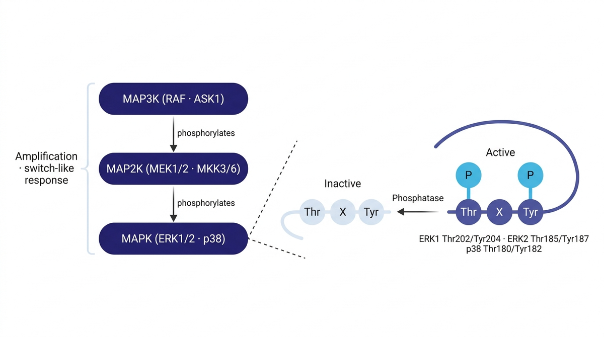 The three-tier MAPK cascade converging on one Thr-X-Tyr loop, inert until both residues carry a phosphate.