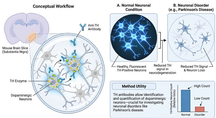 Workflow diagram: an anti-tyrosine hydroxylase antibody applied to a mouse brain slice labels dopaminergic neurons of the substantia nigra, with a normal condition panel and a neuronal disorder panel showing reduced TH signal and neuron loss.
