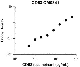 Representative Standard Curve using mouse monoclonal anti-CD63 for ELISA capture of human recombinant CD63 extracellular region with His-tag. Capture was detected by using an anti-His-tag antibody followed by appropriate secondary antibody conjugated to HRP.