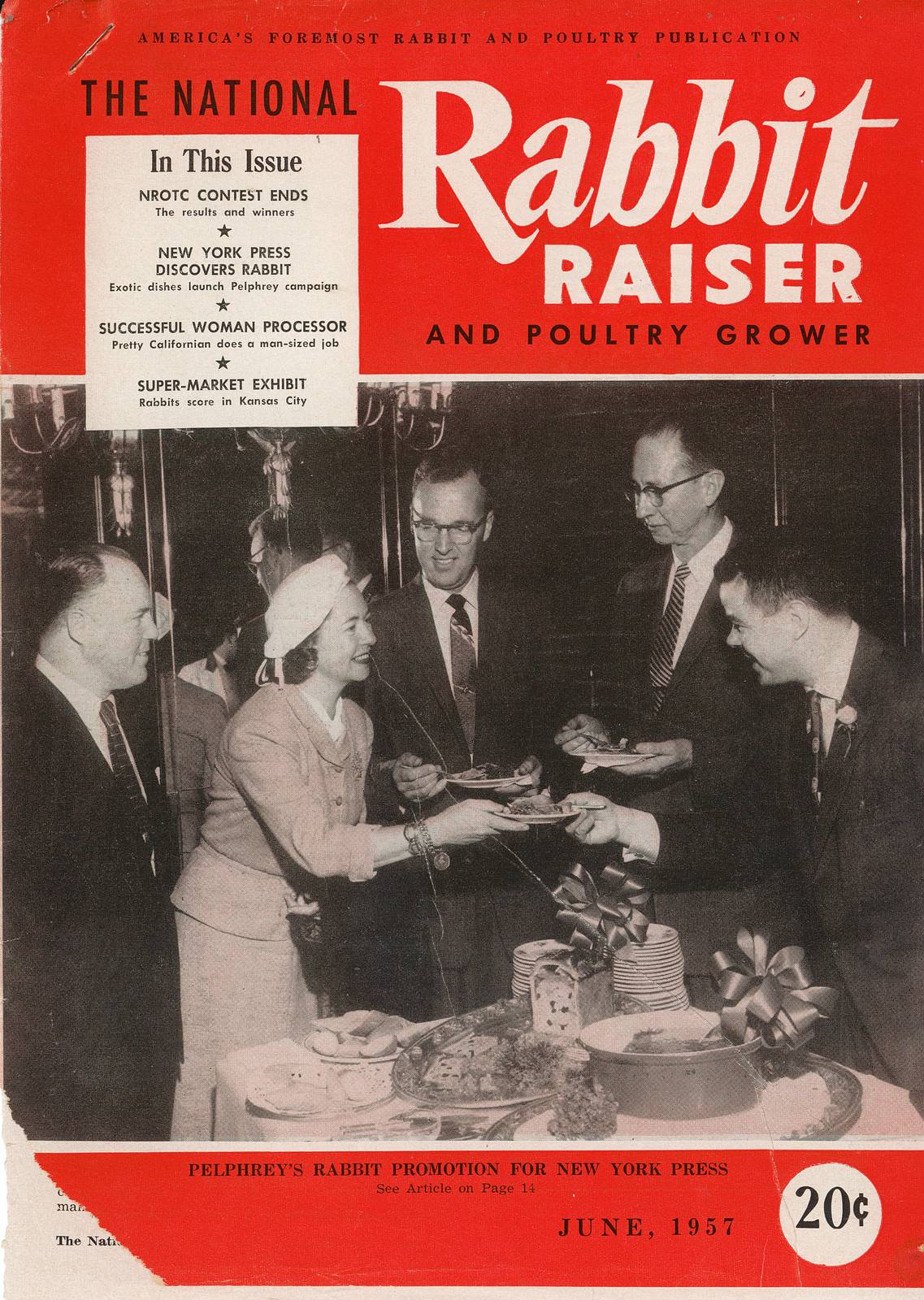 “Pelphrey’s rabbit promotion for New York press” on the cover of The National Rabbit Raiser, June 1957