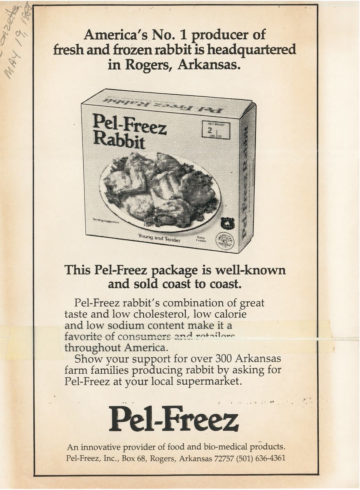 “America’s No. 1 producer of fresh and frozen rabbit”: Arkansas Gazette advertisement, May 1988