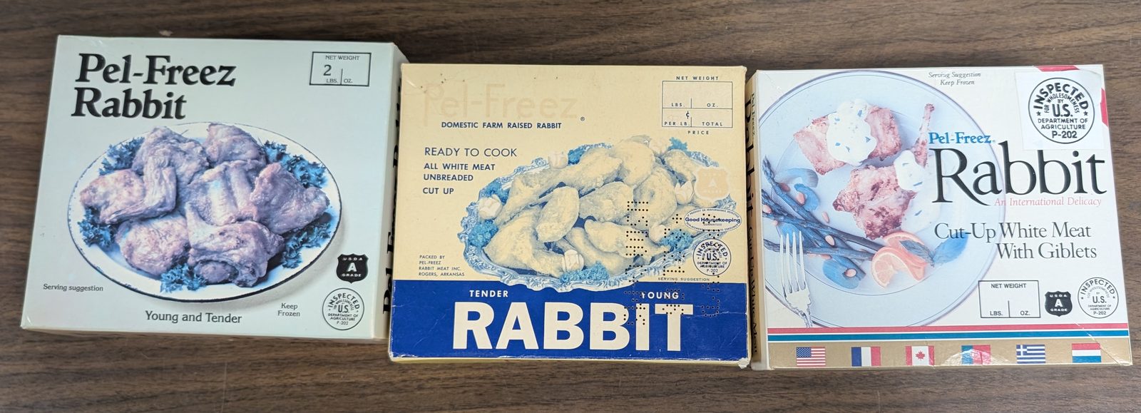 Three generations of Pel-Freez rabbit packaging, from the blue-and-yellow carton of the 1960s to the international box of the 1990s
