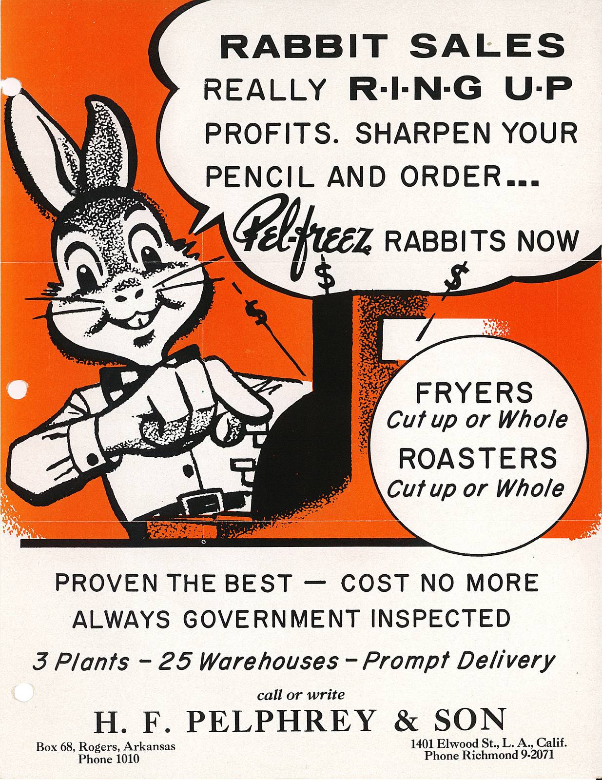 “Rabbit sales really ring up profits”: an H. F. Pelphrey and Son grocer flyer from the years the company ran plants in both Los Angeles and Rogers