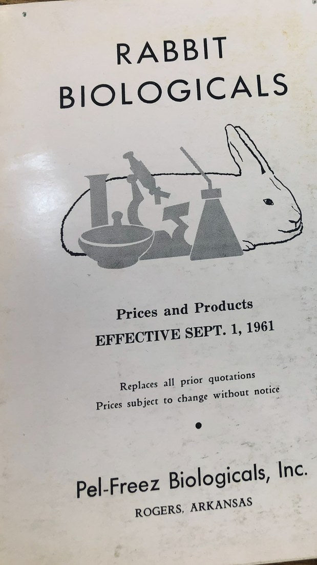 Rabbit Biologicals price list, the first Pel-Freez Biologicals booklet