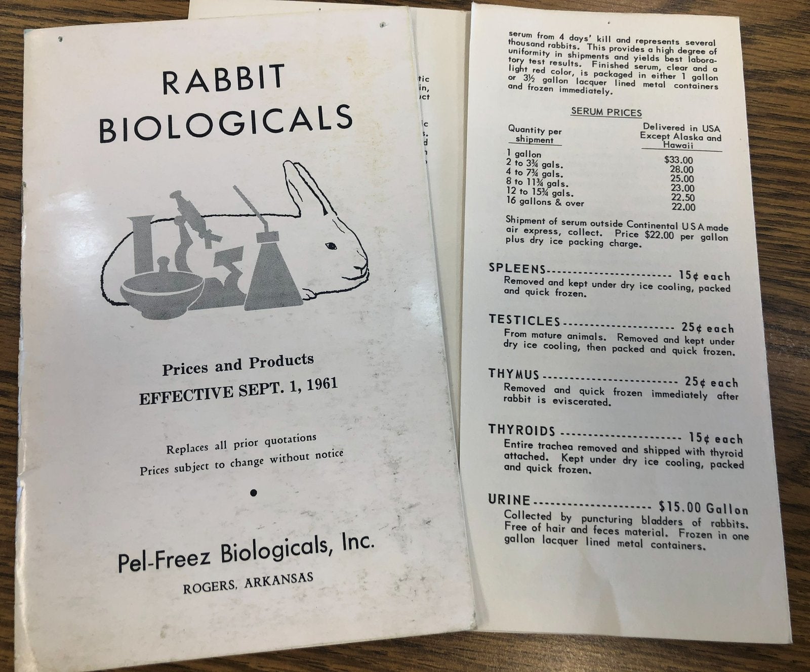 The first Pel-Freez Rabbit Biologicals price list, 1961
