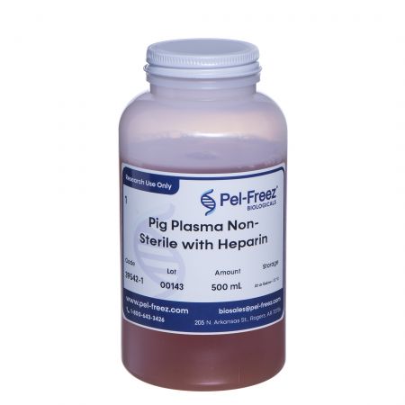 Poly bottle of non-sterile pig plasma with heparin
